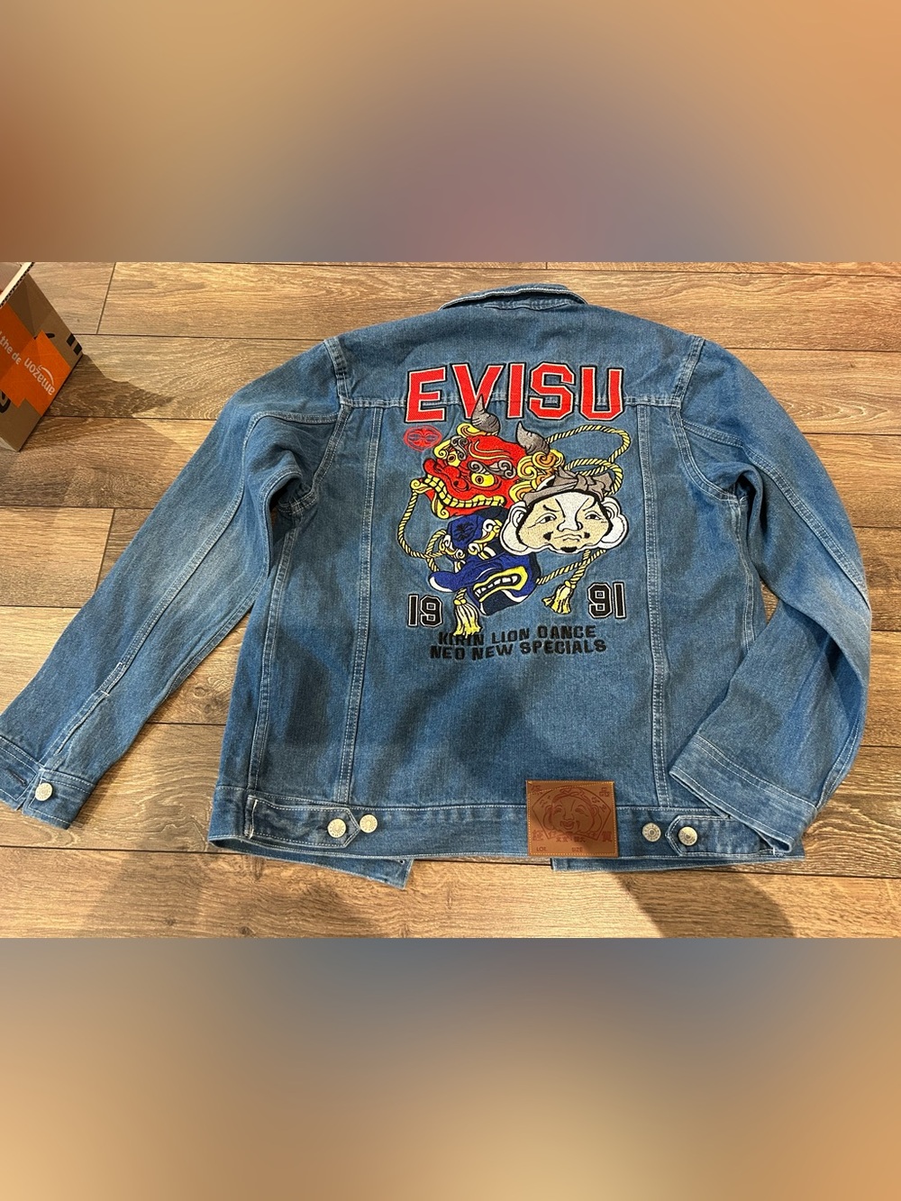 Evisu Blue Denim Jacket with Red & Yellow Embroidered Back Graphic